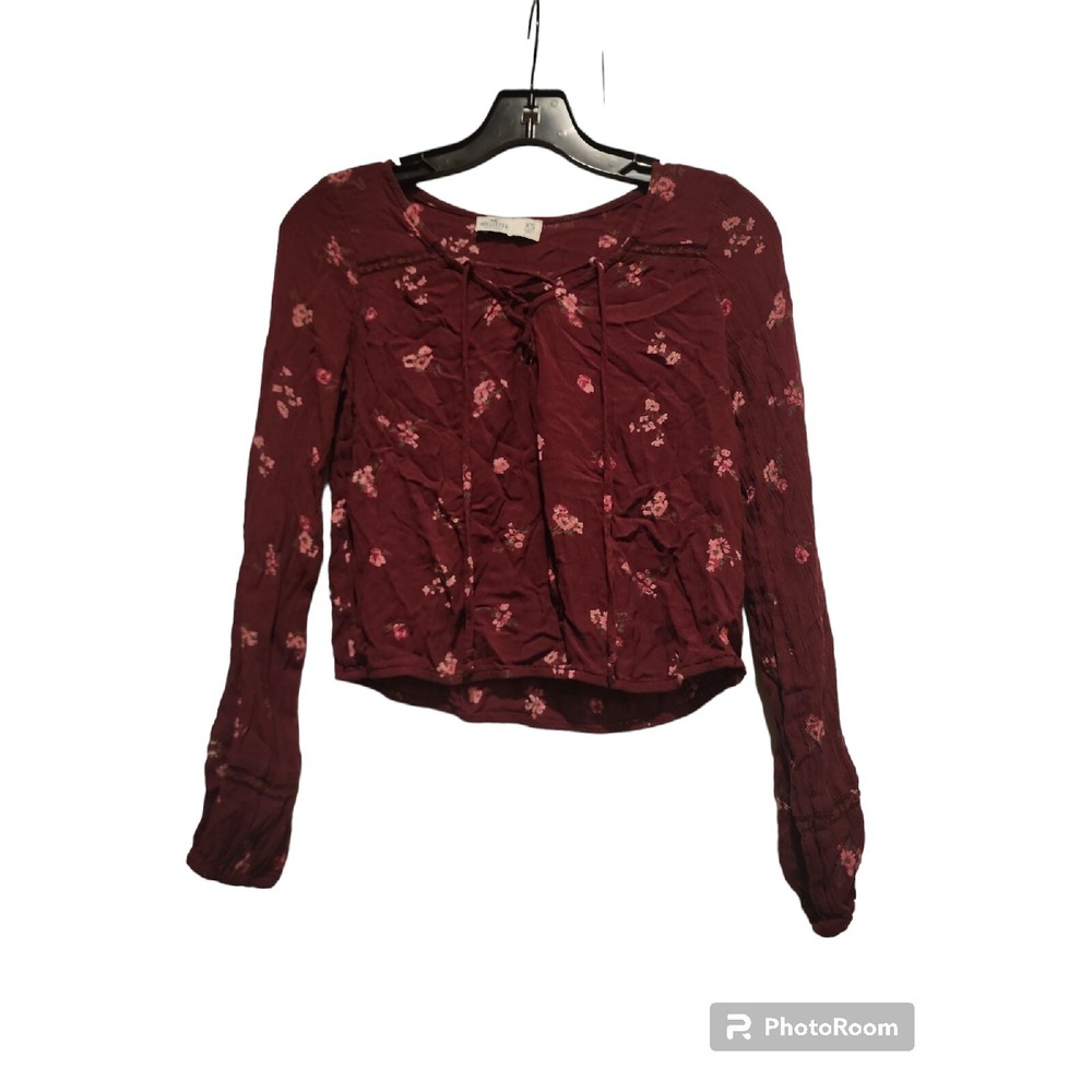 Hollister Floral Lace Up Long Sleeve Crop Top‎ Blouse Maroon XS